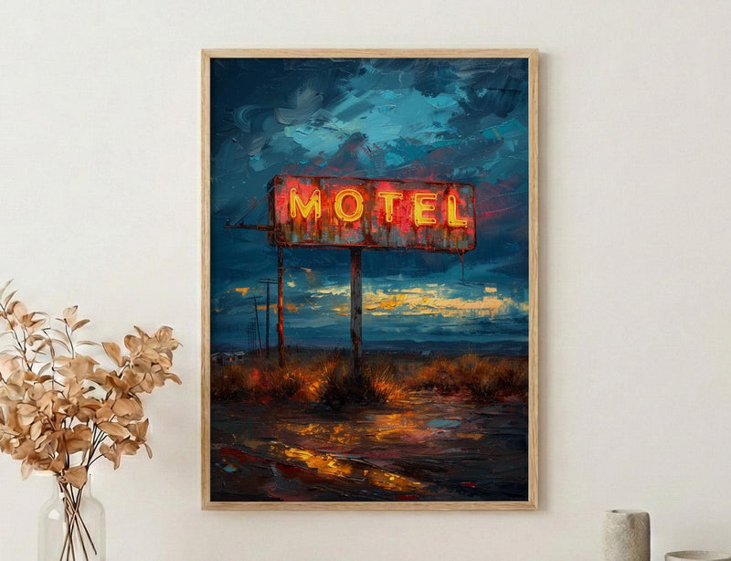 Retro Neon Motel Art Print, Vintage Americana Road Decor - Dark Blue Summer Night