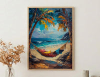 Tropical Palm Hammock Poster, Relaxing Beach Summer Decor - Bright Sky Secluded Ocean