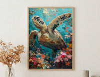 Sea Turtle Coral Reef Art Print, Tropical Ocean Decor - Crystal Clear Water Summer