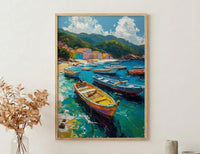Brazilian Fishing Boat Wall Art, Coastal Ocean Bay Decor - Lush Green Hill View