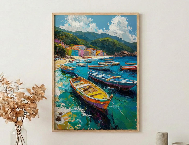 Brazilian Fishing Boat Wall Art, Coastal Ocean Bay Decor - Lush Green Hill View
