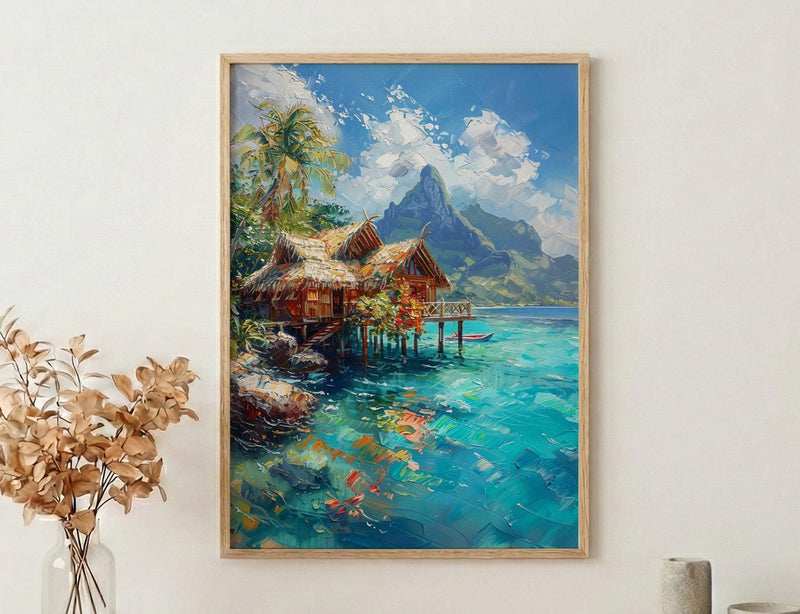 Bora Bora Ocean Art Print, Water Bungalow Home Decor - Bright Tropical Beach Summer Paradise