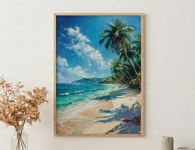 Fiji White Beach Wall Art, Tropical Palm Home Decor - Bright Warm Ocean Summer Getaway