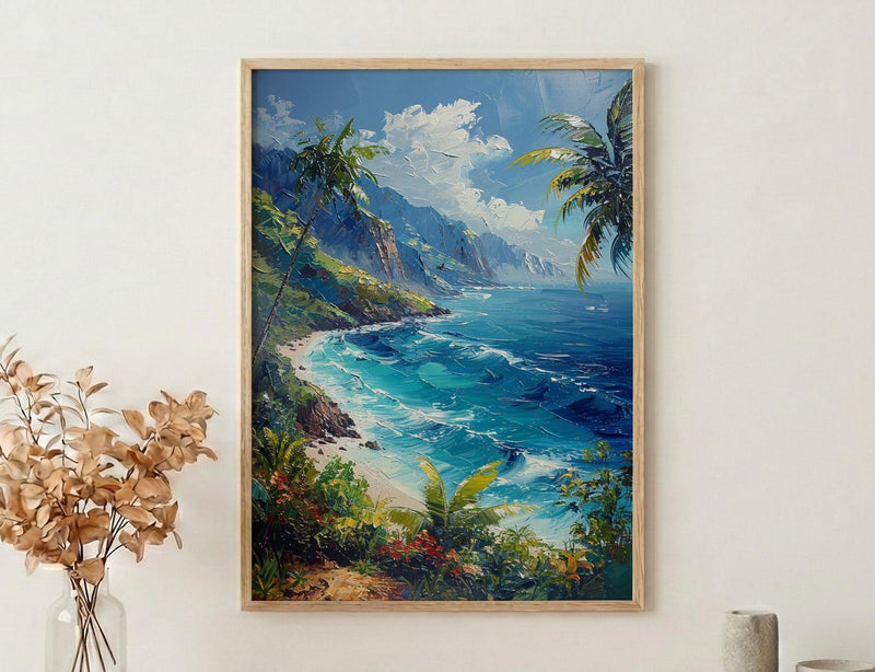 Tahiti Emerald Peak Art Print, Tropical Ocean Home Decor - Lush Green Nature Summer Landscape