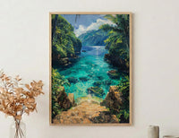 Samoa Ocean Trench Wall Art, Tropical Jungle Home Decor - Glowing Blue Water Summer Escape