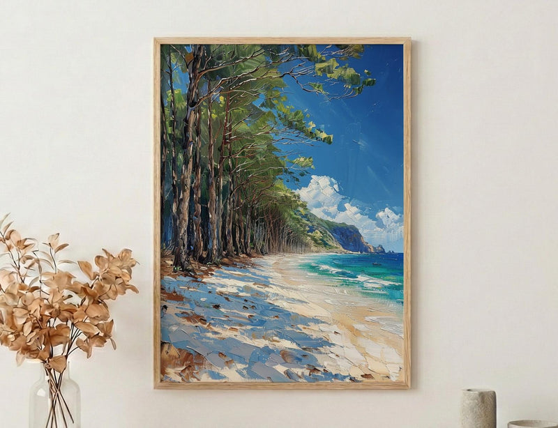 New Caledonia Pine Art Print, White Beach Home Decor - Tropical Bright Ocean Summer Morning