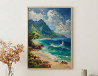 Moorea Coral Reef Ocean Poster, Turquoise Water Home Decor - Green Mountain Coast Summer Scene