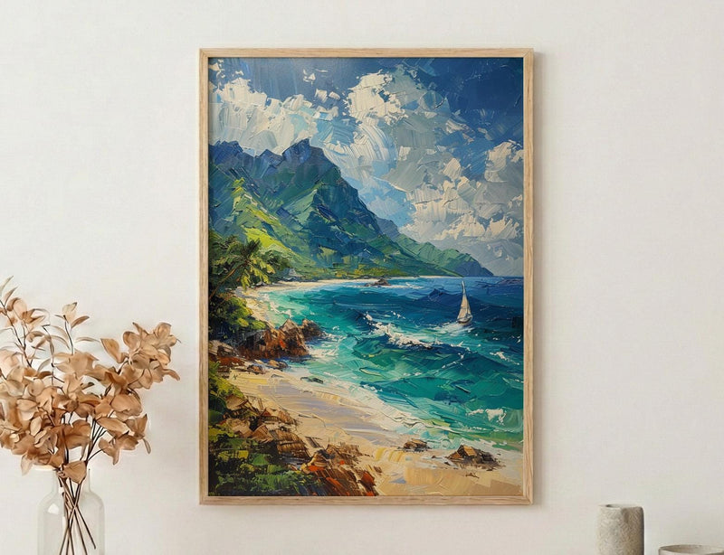 Moorea Coral Reef Ocean Poster, Turquoise Water Home Decor - Green Mountain Coast Summer Scene