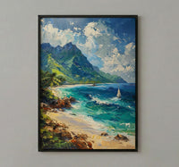 Moorea Coral Reef Ocean Poster, Turquoise Water Home Decor - Green Mountain Coast Summer Scene