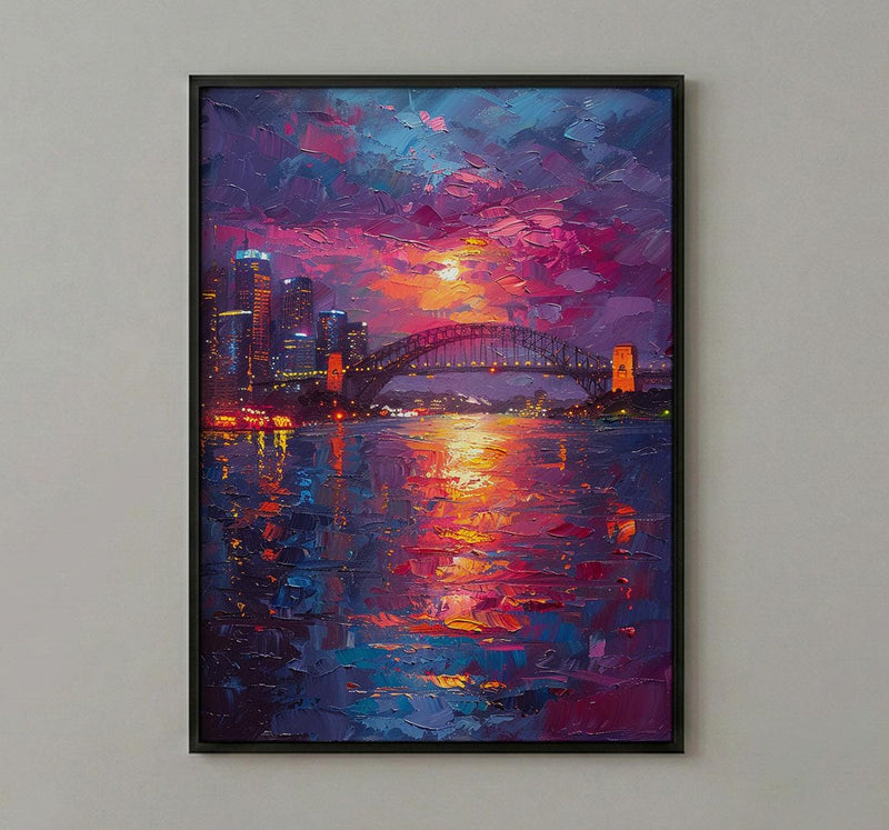 Sydney Harbour Night City Poster, Australia Travel Home Decor - Colorful Evening Coast Summer Scene
