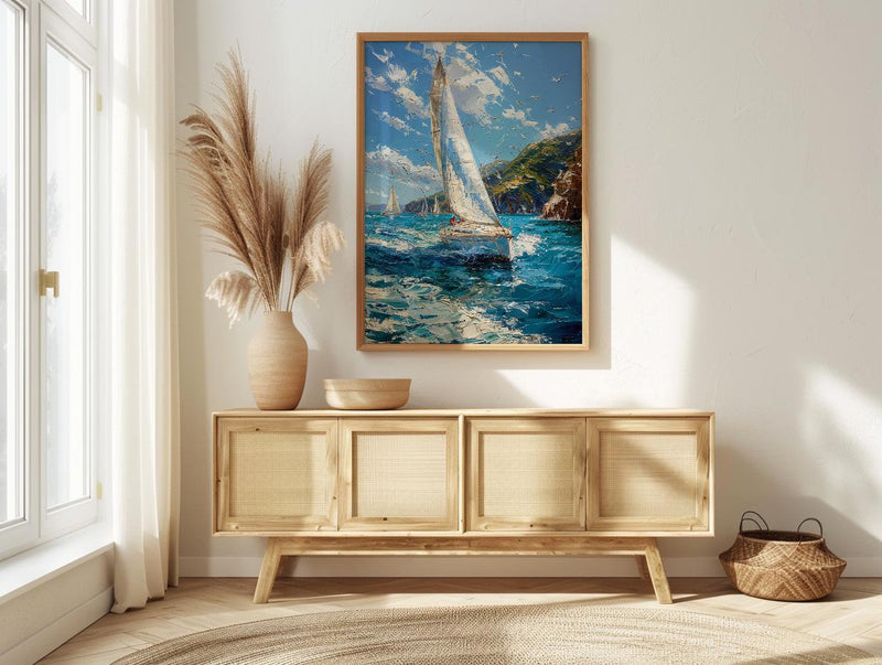 Bay Of Islands Art Print, White Sailboat Home Decor - Energetic Ocean Coast Summer Getaway