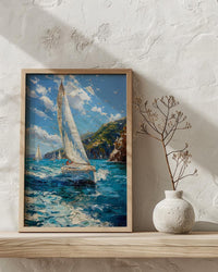 Bay Of Islands Art Print, White Sailboat Home Decor - Energetic Ocean Coast Summer Getaway