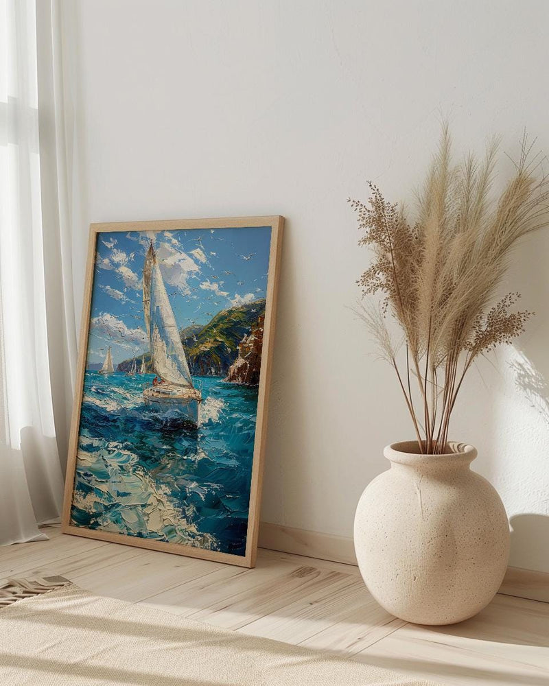 Bay Of Islands Art Print, White Sailboat Home Decor - Energetic Ocean Coast Summer Getaway