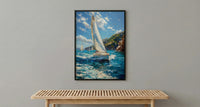 Bay Of Islands Art Print, White Sailboat Home Decor - Energetic Ocean Coast Summer Getaway