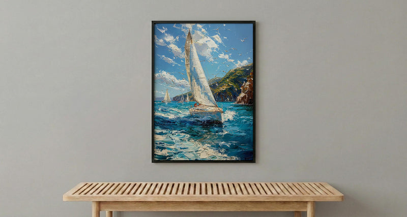 Bay Of Islands Art Print, White Sailboat Home Decor - Energetic Ocean Coast Summer Getaway