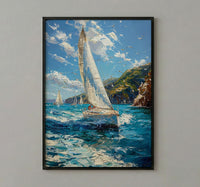 Bay Of Islands Art Print, White Sailboat Home Decor - Energetic Ocean Coast Summer Getaway