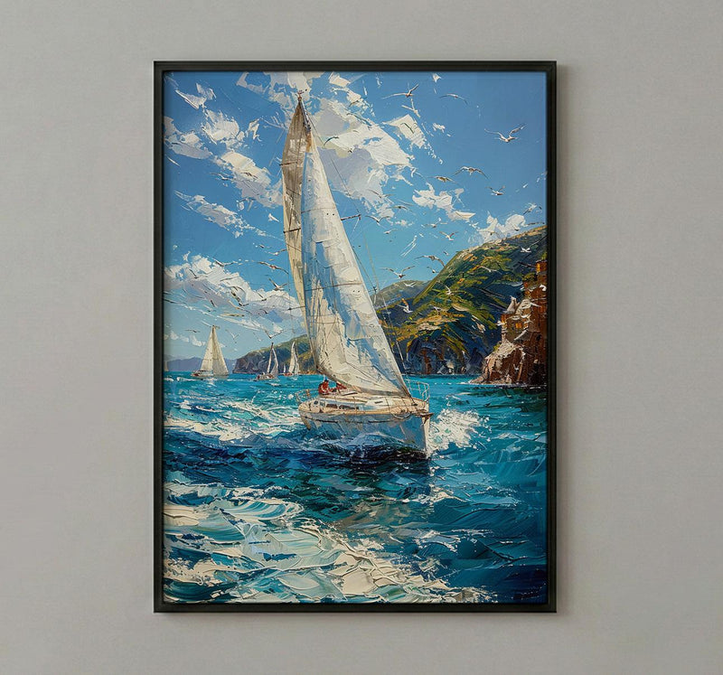 Bay Of Islands Art Print, White Sailboat Home Decor - Energetic Ocean Coast Summer Getaway
