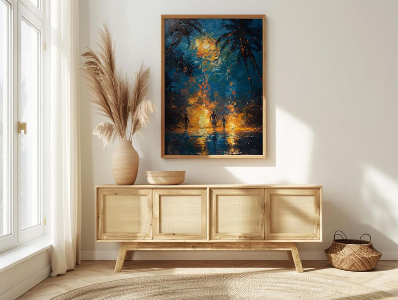 Polynesian Fire Dance Art Print, Night Beach Home Decor - Glowing Orange Coast Summer Artwork