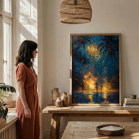 Polynesian Fire Dance Art Print, Night Beach Home Decor - Glowing Orange Coast Summer Artwork