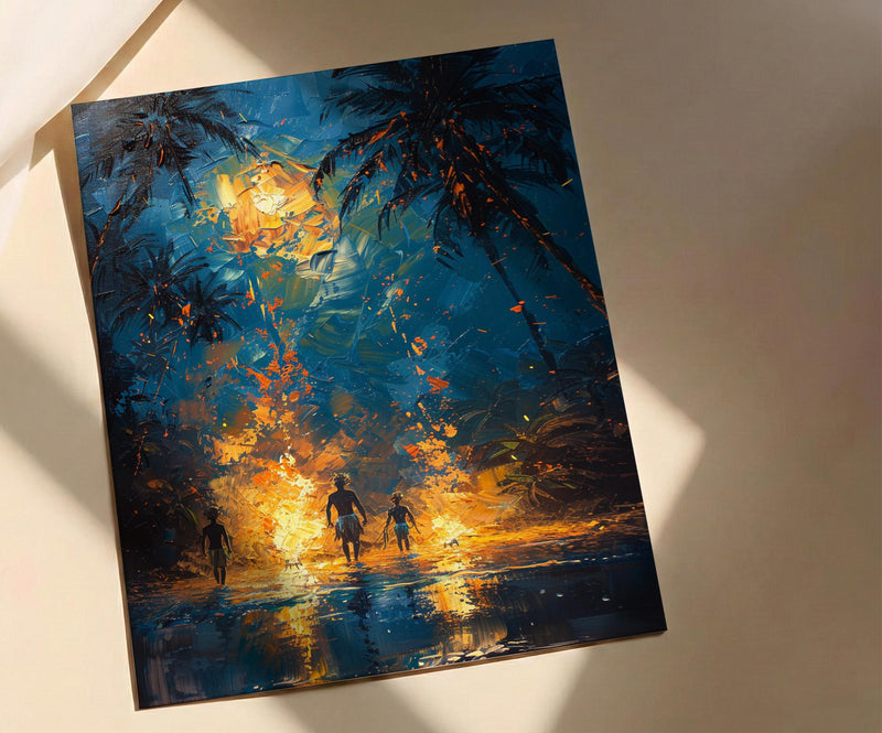 Polynesian Fire Dance Art Print, Night Beach Home Decor - Glowing Orange Coast Summer Artwork