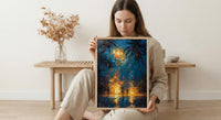 Polynesian Fire Dance Art Print, Night Beach Home Decor - Glowing Orange Coast Summer Artwork