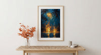 Polynesian Fire Dance Art Print, Night Beach Home Decor - Glowing Orange Coast Summer Artwork