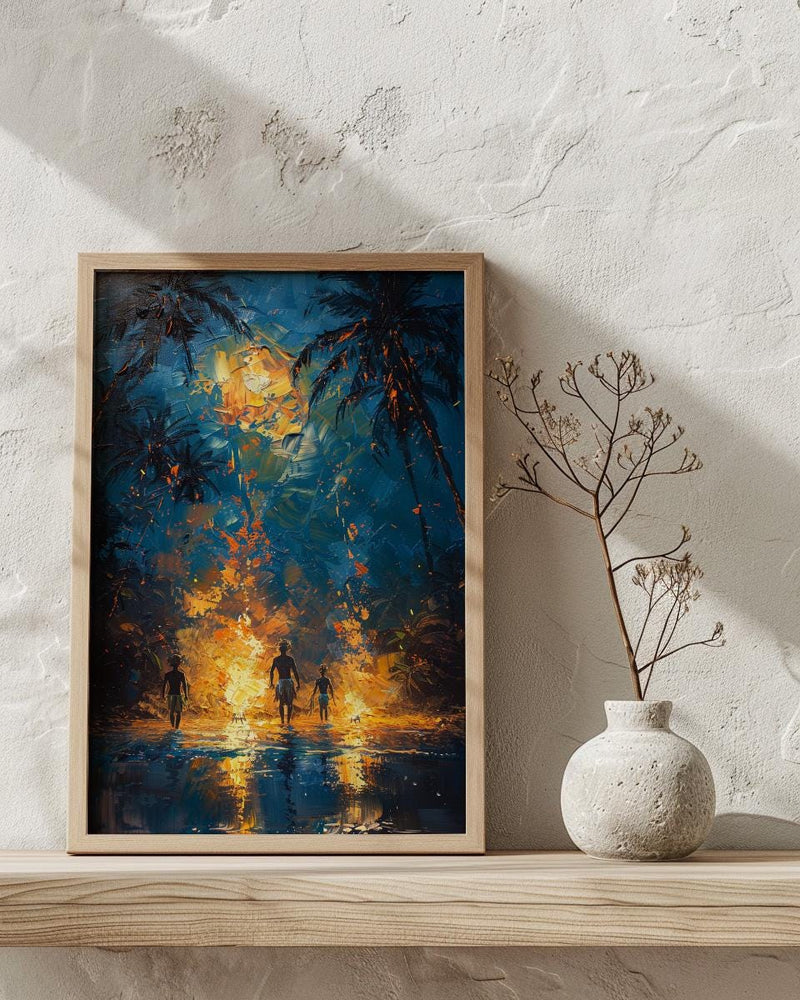 Polynesian Fire Dance Art Print, Night Beach Home Decor - Glowing Orange Coast Summer Artwork