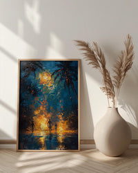 Polynesian Fire Dance Art Print, Night Beach Home Decor - Glowing Orange Coast Summer Artwork