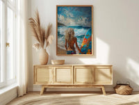 Australia Surf Girl Ocean Poster, Blue Water Home Decor - Colorful Coastal Nature Summer Holiday