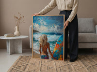 Australia Surf Girl Ocean Poster, Blue Water Home Decor - Colorful Coastal Nature Summer Holiday