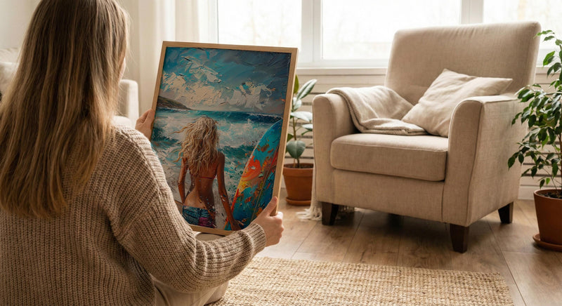 Australia Surf Girl Ocean Poster, Blue Water Home Decor - Colorful Coastal Nature Summer Holiday