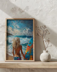 Australia Surf Girl Ocean Poster, Blue Water Home Decor - Colorful Coastal Nature Summer Holiday