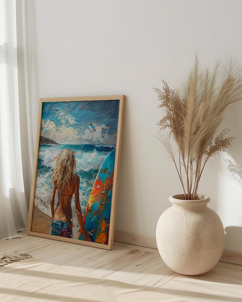 Australia Surf Girl Ocean Poster, Blue Water Home Decor - Colorful Coastal Nature Summer Holiday