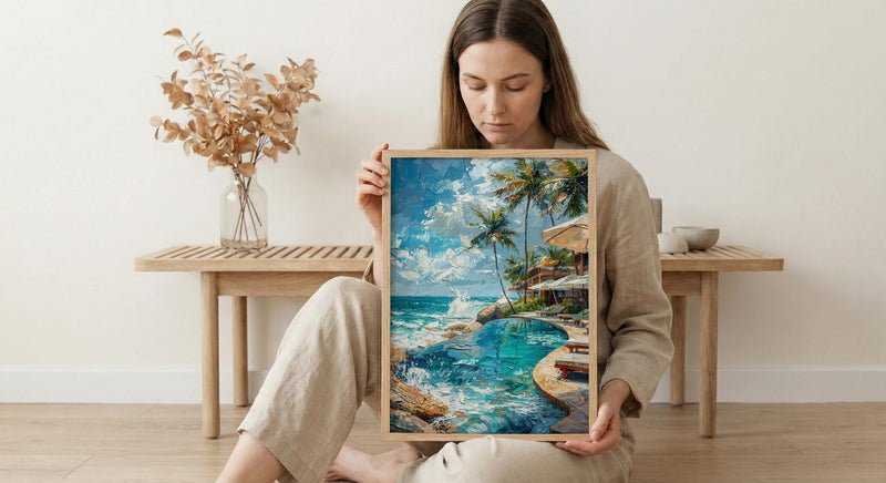 Fiji Beach Club Wall Art, White Parasol Home Decor - Tropical Pool Coast Summer Escape