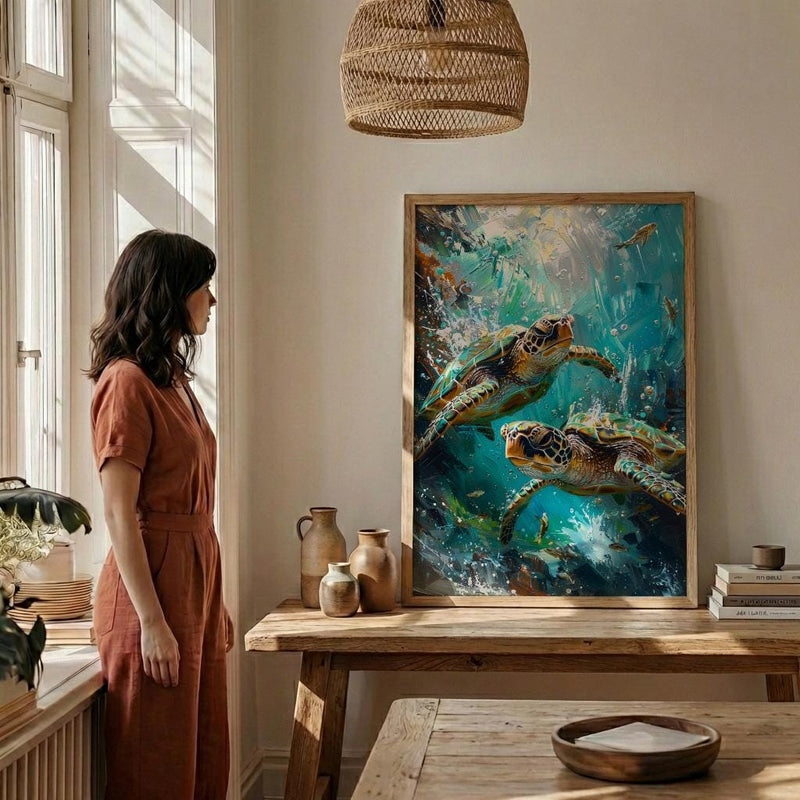 Sea Turtle Ocean Marine Poster, Crystal Water Home Decor - Tropical Coast Reef Summer Artwork