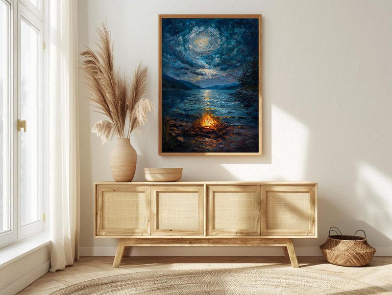 Beach Campfire Night Coast Poster, Starry Sky Home Decor - New Zealand Ocean Summer Escape