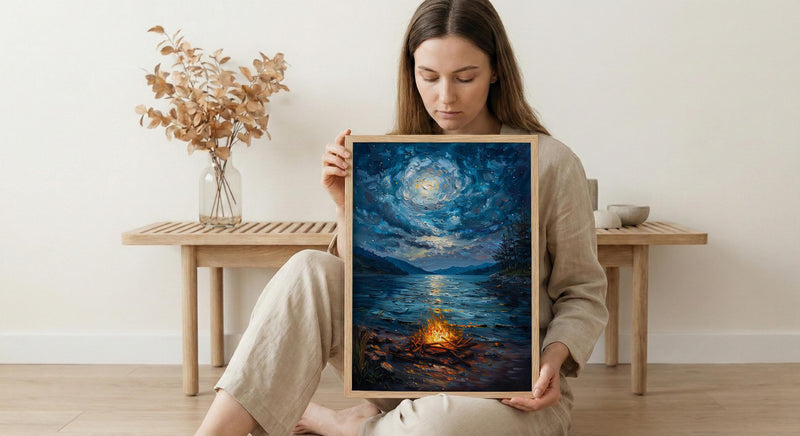 Beach Campfire Night Coast Poster, Starry Sky Home Decor - New Zealand Ocean Summer Escape