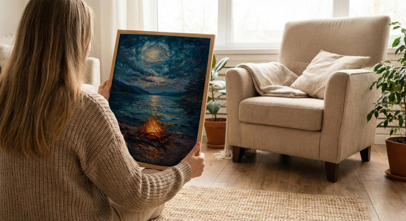 Beach Campfire Night Coast Poster, Starry Sky Home Decor - New Zealand Ocean Summer Escape