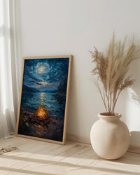 Beach Campfire Night Coast Poster, Starry Sky Home Decor - New Zealand Ocean Summer Escape