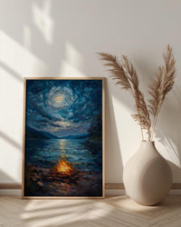 Beach Campfire Night Coast Poster, Starry Sky Home Decor - New Zealand Ocean Summer Escape