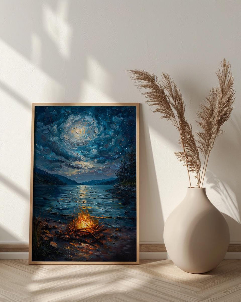 Beach Campfire Night Coast Poster, Starry Sky Home Decor - New Zealand Ocean Summer Escape
