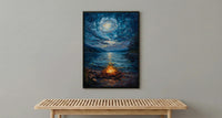 Beach Campfire Night Coast Poster, Starry Sky Home Decor - New Zealand Ocean Summer Escape