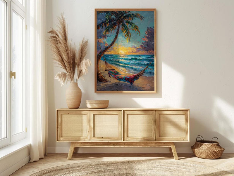 Fiji Beach Hammock Art Print, Golden Sunset Home Decor - Tropical Palm Coast Summer Getaway