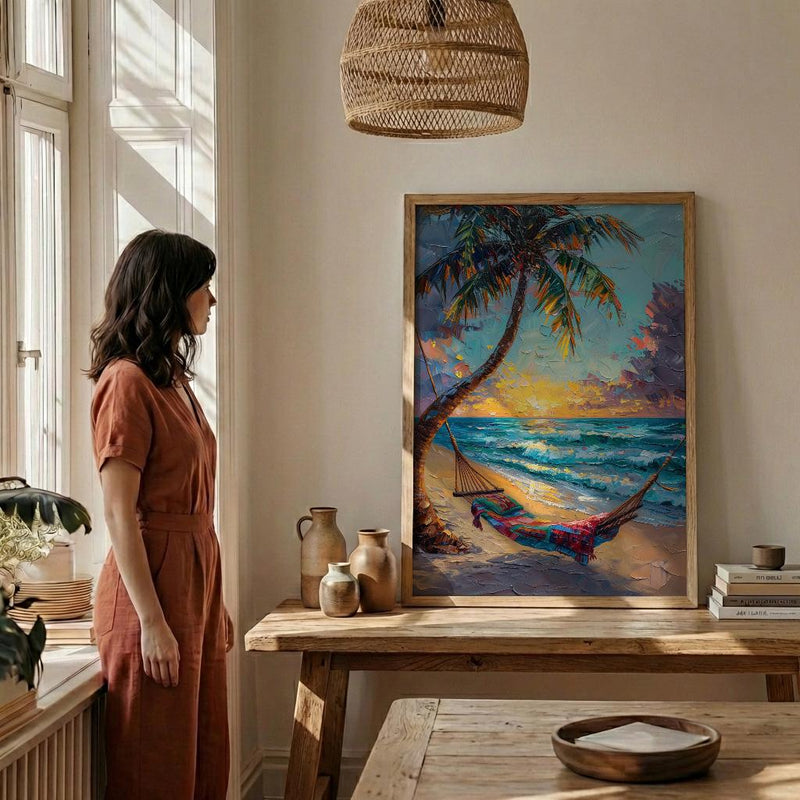 Fiji Beach Hammock Art Print, Golden Sunset Home Decor - Tropical Palm Coast Summer Getaway