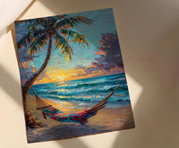 Fiji Beach Hammock Art Print, Golden Sunset Home Decor - Tropical Palm Coast Summer Getaway