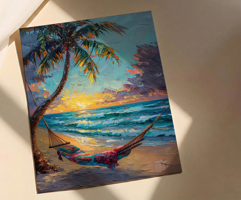 Fiji Beach Hammock Art Print, Golden Sunset Home Decor - Tropical Palm Coast Summer Getaway