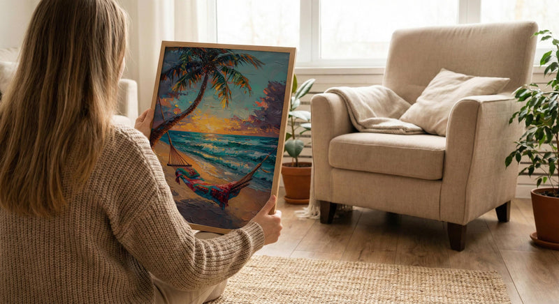 Fiji Beach Hammock Art Print, Golden Sunset Home Decor - Tropical Palm Coast Summer Getaway