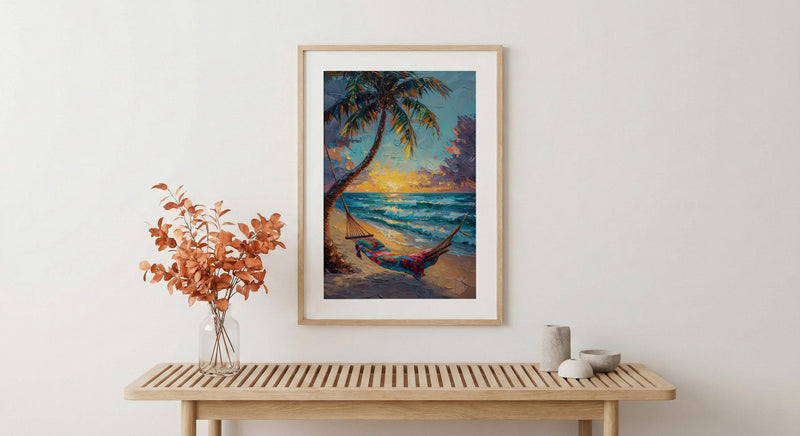 Fiji Beach Hammock Art Print, Golden Sunset Home Decor - Tropical Palm Coast Summer Getaway
