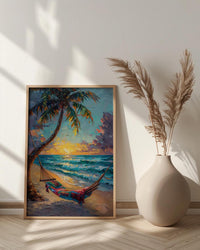 Fiji Beach Hammock Art Print, Golden Sunset Home Decor - Tropical Palm Coast Summer Getaway