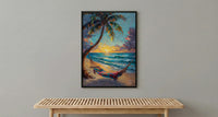 Fiji Beach Hammock Art Print, Golden Sunset Home Decor - Tropical Palm Coast Summer Getaway